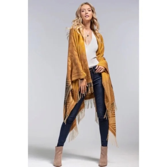 Tuscan Animal Print Color Block Knit Ruana Tassel Fall Winter Casual Wrap - Picture 6 of 7